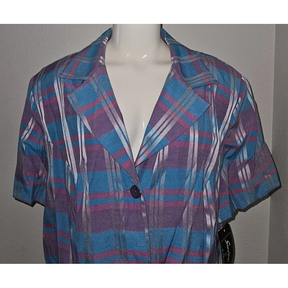 NEW VTG Sweet Suit Woman Blue Purple Plaid Blazer Jacket Size 24W Short-Sleeves